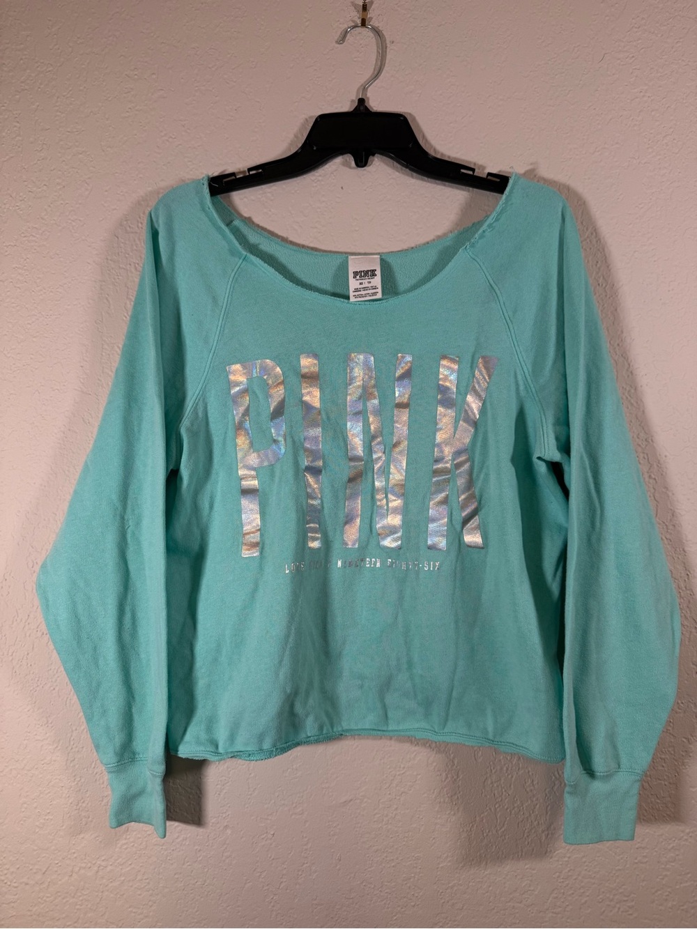 PINK Holographic Logo Pullover Sweatshirt Mint Raw Hem Womens Oversized XS
